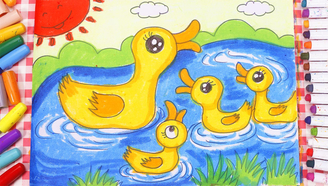 儿童画场景故事 鸭妈妈和宝宝们在游泳
